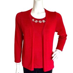 NY COLLECTION Red Sweater set with Rhinestones necklace details Size Medium